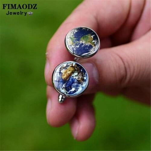 FIMAODZ Planet Earth Cufflinks World Map Planet Glass Cabochon Exquisite Shirt Cuff Links Buttons for Men Gift