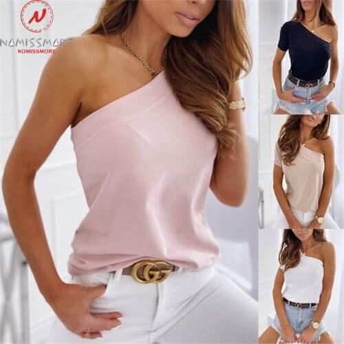 Sexy Women Summer Solid Color T-Shirts One Shoulder Design Short Sleeve Slim Pullovers Top for Streetwear