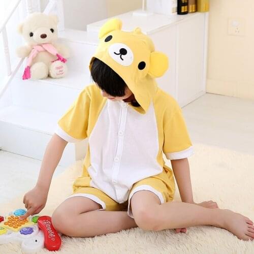 Summer Cotton Rilakkuma Bear Kigurumi Pajamas Hooded Animal Cartoon Boys Pyjamas Onesie Pijamas for Girls Kids Sleepwear