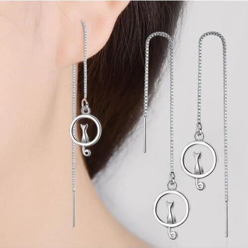 New Popular Fashion Cute Animal 925 Sterling Silver Jewelry Long Tassel Ear Line Moon Cat Exquisite Dangle Earrings SE487