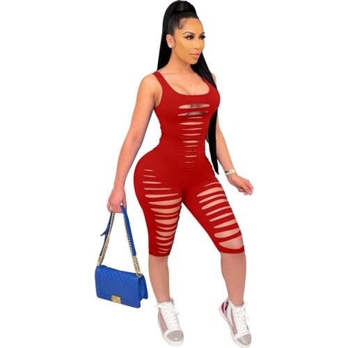 Solid Color Trendy Chic High Waist Biker Shorts Pants Tracksuit Women Jumpsuits Outfits Classic Hole Bodycon Playsuits Wholesale