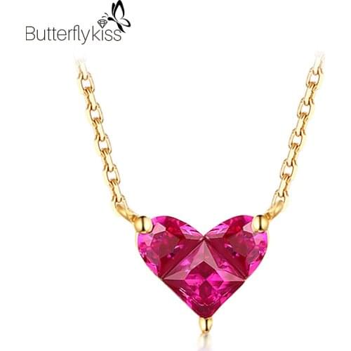 BK 14k Red Corundum Pendant Necklace For Women Genuine Gold 585 Open Adjustable Heart Shape Cute Lady Simple Jewelry