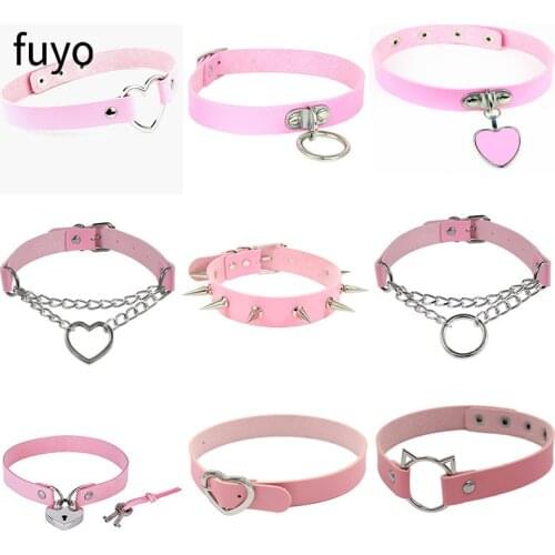 Punk Pink Collar Circle Choker Necklace Heart PU Leather Choker Goth Handmade Cross Neck Jewelry Gothic Jewelry Party Necklace