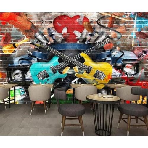 Personalized Customization 3D Stereo Brick Wall Graffiti Guitar Bar KTV Cafe Restaurant Mural Wallpaper Papel De Parede 3D Sala