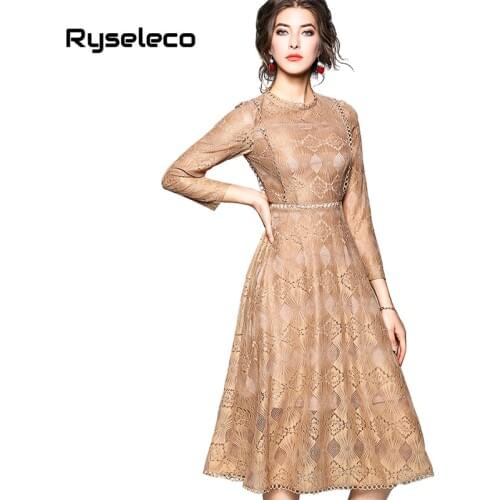 Ryseleco Fashion Autumn Quality Floral Lace Patchwork Cutout Elegant Flare Party Dresses Women A-Line Casual Formal Midi Dress