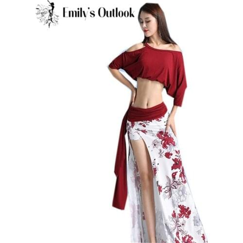 Professional Bellydance Clothes For Women 2 Piece Modal Oriental Dancer Show Outfit Short Sleeve Blouse Print Long Skirt Sexy