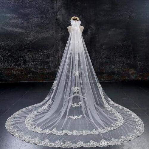Real Image Wedding Veils Long Veils Lace Applique Crystals One-Layer Cathedral Length Custom Made Bridal Veil