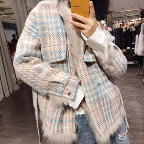 Real shot winter new womens plaid double-sided warm jacket wool liner to overcome the small fragrant wind fur PC020