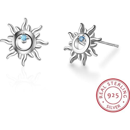100% 925 Real Sterling Silver Tiny 8mmX8mm Hollow Sun With CZ Stud Earrings Gift For Girls Friend Kid Lady XY852