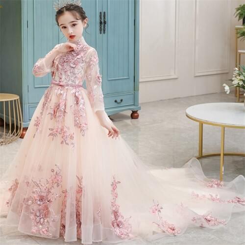 Spring Summer Luxury Children Girls New Elegant Appliques Flowers Birthday Evening Party Princess Tail Dress Model Show Dresses