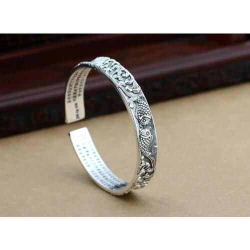 Solid 999 Sterling Silver HEART SUTRA lucky fish Women Men Retro Cuff Bangle Bracelet jewelry A4663