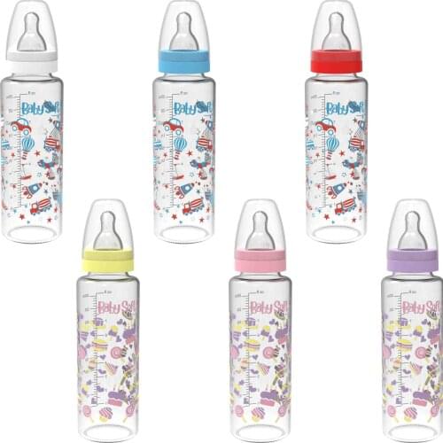 Mother Baby 250 ml Glass Feeding Bottle With Colorful Pattern Quality Caricature Of Round Bottle girl/Boy Babysoft