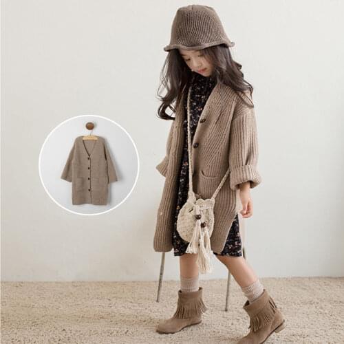 Girls sweater cardigan 2021 new autumn clothes 4-15 years old childrens Korean big childrens mid-length thick knit jacket