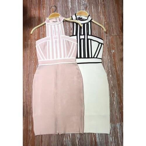 High Quality Wholesale Sexy Women Summer Dress Club Wear Halter Neck Beige White Bodycon Vestidos Bandage Dresses