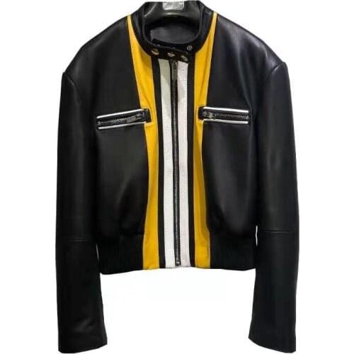 Spring Coat Women 2021 Short Style Hit The Color Design New Fashion Soft Real Sheepskin Jacket Female O-neck Clothes