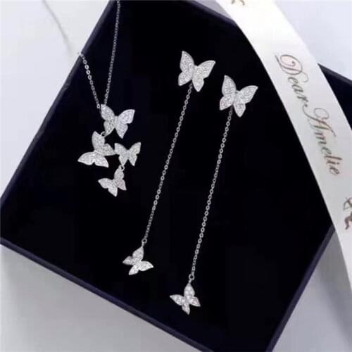 Butterfly shape Real 925 Sterling Silver Diamond cz Jewelry set Charm Party Wedding Earrings Necklace For Women Bridal Jewelry