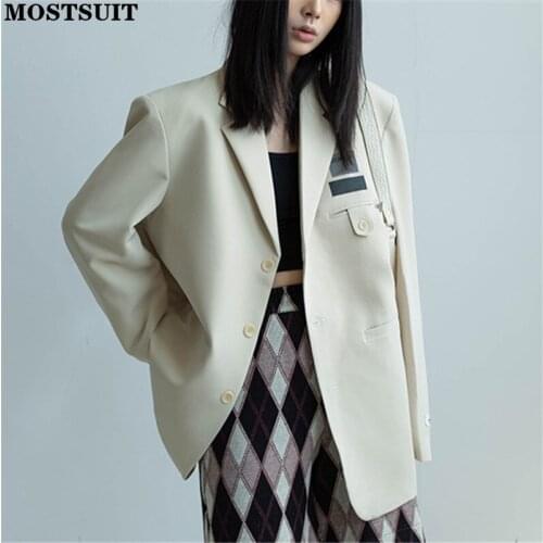 Stylish Loose Patchwork Women Blazer Autumn Notched Collar Full Sleeve Single Breasted Suit Jacket Solid High Street Tops 2021