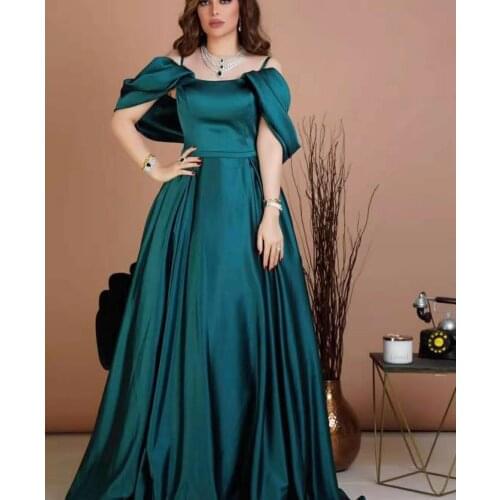 Long A-Line Satin Teal Off Shoulder Evening Dresses with Pockets Floor Length Zipper Back Pleated Formal Party Dress for Women