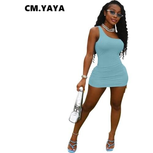 CM.YAYA Women Mini Dress Solid One Shoulder Sleeveless Stretchy Bodycon Dresses Sexy Fashion Vestidos Casual Outfit Summer 2021