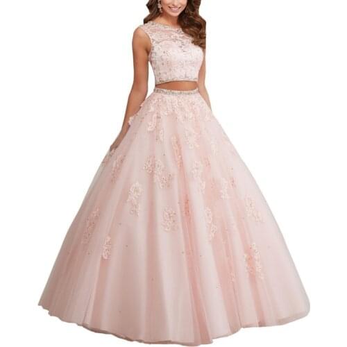 Womens Two Piece Prom Dress Girls Pink Princess Sweet 15 16 Quinceanera Dresses Ball Gown Lace Tulle Wedding Party Gowns