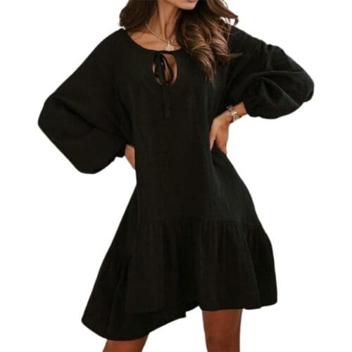 2021 New Women Dress Long Puff Sleeve Tie-up Cotton Flax Spring Summer Sexy Hollow Out Ruffle Party Dress for Women Vacation