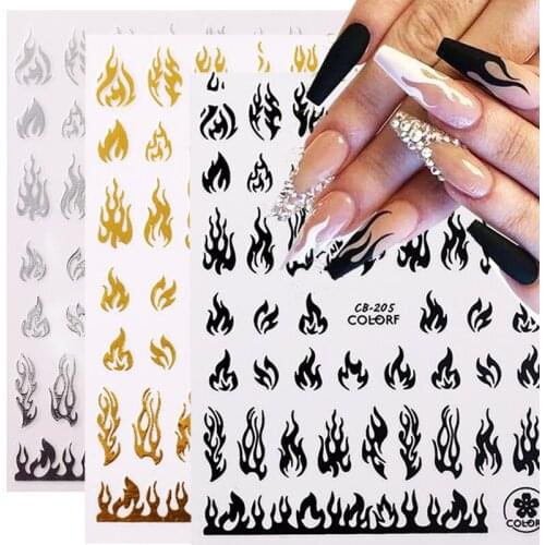 1 Sheet 3D Holographics Fire Flaming Nail Stickers Slider Gold Black New Year Decals DIY Nail Art Decorations Decor Tool