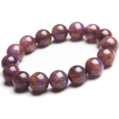 13mm Natural Purple Gold Titanium Cacoxenite Rutilated Quartz Crystal Round Clear Beads Jewelry Stretch Charm Bracelet Femme