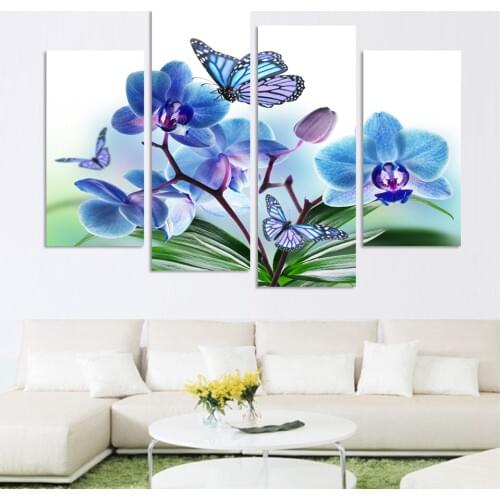 4pcs Wall Painting Beautiful butterfly blue flowers printed on canvas room home decor art poster picture no frame