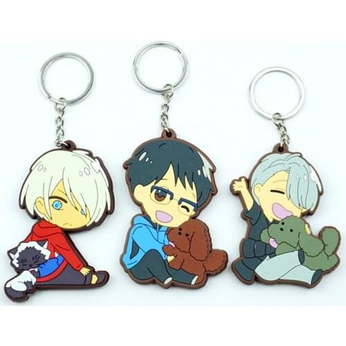 Anime Yuri on Ice Figure Keychain PVC Silicone Victor Yuri Key Chain Double Side Cartoon Key Ring Kid Trinket Gift Key Holder