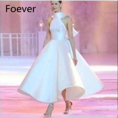 Elegant White Runway Evening Dresses Satin High Neck A Line Prom Gowns Backless Formal Fashion Party Dresses With Big Bow Back