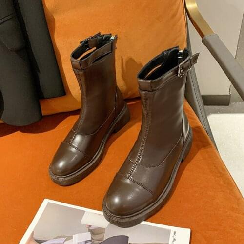 Fashion womens ankle boots shoes elegant round toe knight boots brown black zipper deerskin buckle simple short plush boots