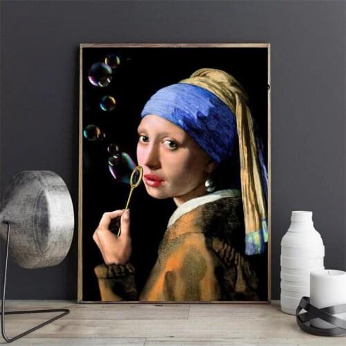 Classis Famous Pearl Girl Blowing Bubbles Canvas Posters Creativity Portrait Print Wall Picture for Living Room Home Wall Decor