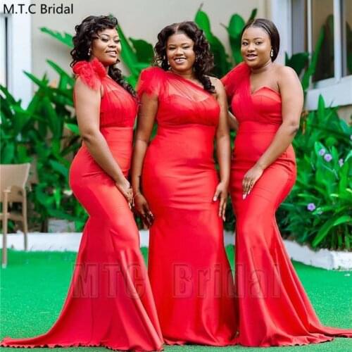 Red Mermaid Long African Bridesmaid Dresses One Shoulder Satin Black Girls Wedding Party Dress Plus Size Maid Of Honor Gowns