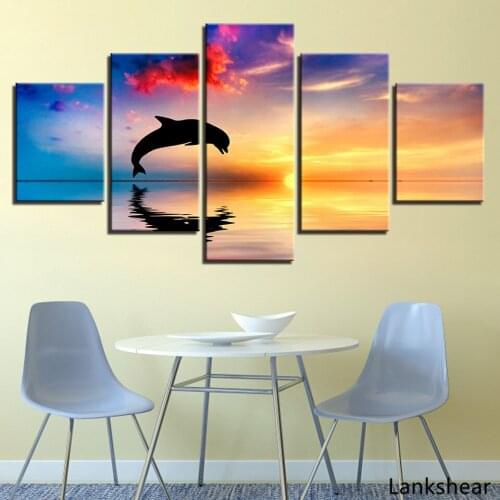 Canvas HD Prints Pictures Living Room Wall Art 5 Pieces Dolphins Swim Jump Paintings Home Decor Sunset Seascape Poster Framework