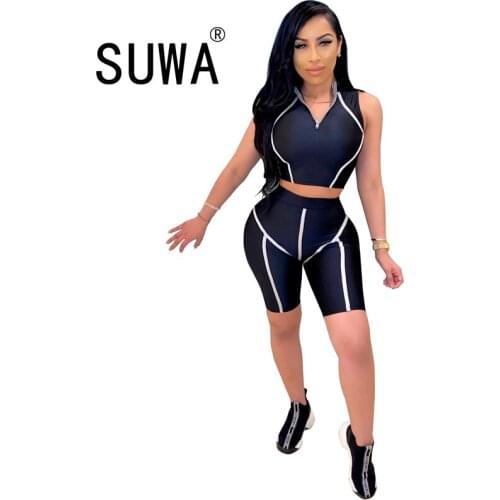 Contrast Color Striped Patchwork Jogger Loungewear Women Two Piece Outfits Zipper Top Biker Shorts Wholesale Plus Size Clothing
