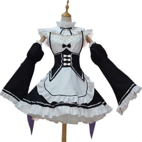 Ram/Rem Cosplay Re:zero Kara Hajimeru Isekai Seikatsu black blue red Costume Maid Servant Dress