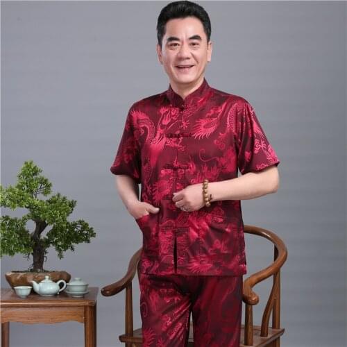 Dragon Chinese Men Kung Fu Suit Satin Wu Shu Uniform Short Sleeve Long Pants Tai chi Set Plus Size M - 4XL wine red new 2020