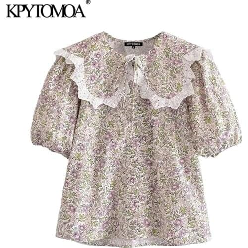 KPYTOMOA Women 2021 Fashion Hollow Out Embroidery Floral Print Blouses Vintage Puff Sleeve Button-up Female Shirts Chic Tops