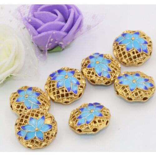 Fashion 15mm round coin hollow carved flower gold-color cloisonne enamel spacers accessories beads charms findings 5pcs B2519
