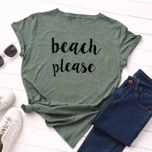 Fashion Beach Letter Print T Shirt Women 100% Cotton O Neck Summer T-Shirt Tops Casual Pink Tshirt