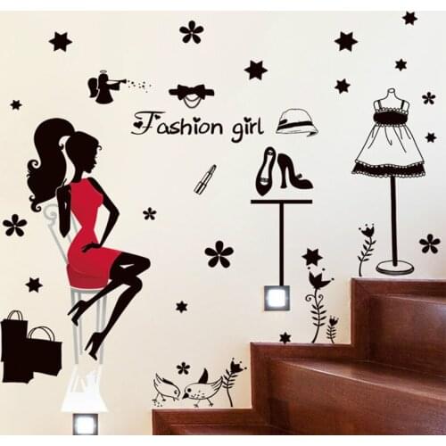 Fashion Stylish Girl Dress Up Vinyl Art Decals DIY Living Room Bedroom Removable Decorative Waterproof Wall Stickers Home Decor