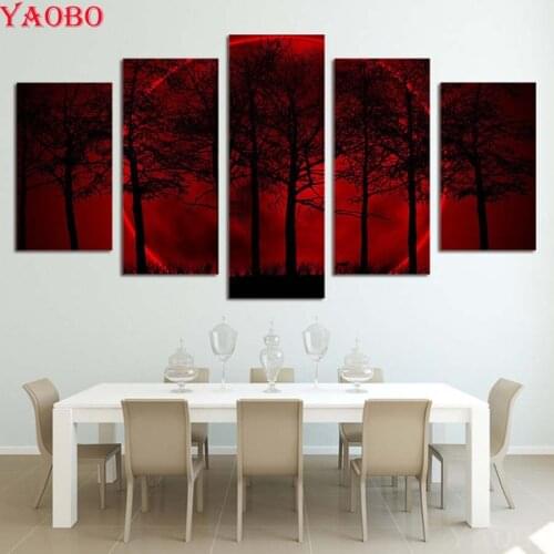 Full Square Round Drill 5D DIY Diamond Painting 5 pcs Red Moon Sky Forest Landscape Cross Stitch Kits Embroidery Diamond Mosaic