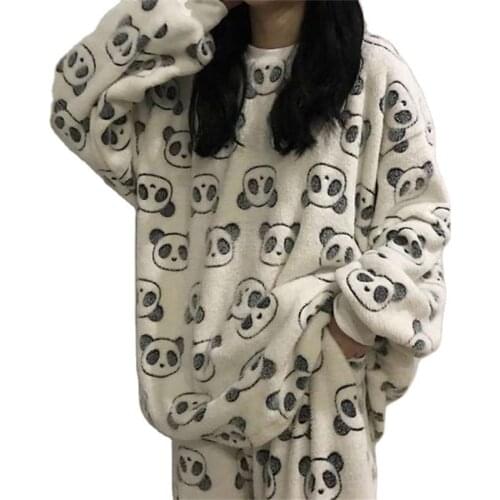 2021 Winter Warm Flannel Women Sleepwear Pajamas Lady Cartoon Print Pajama Set Pullover Coral Fleece Pijamas Mujer Home Suits