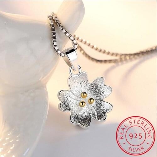 Simple Cherry blossoms Flower Pendant Neckace For Women 925 Sterling Silver Necklace choker de prata Gift 45cm Link Chain S-N122