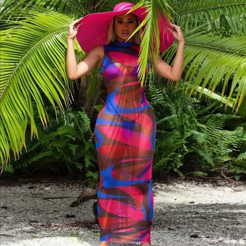 Sexy Print Sheer Mesh Long Dress Swimming Cover-Ups Sleeveless See Through Fashion Beach Swimwear Women Transparent Sundress