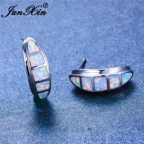 JUNXIN Blue White Fire Opal Earrings For Women Men Bar Stud Earrings Silver Color Minimalist Wedding Party Piercing Jewelry