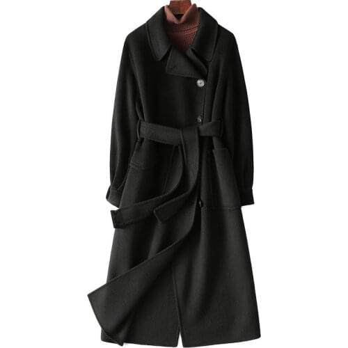 Genuine Blended Wool Fur Coat With Belt Autumn Women X-Long Outwear Suit LF21045HH