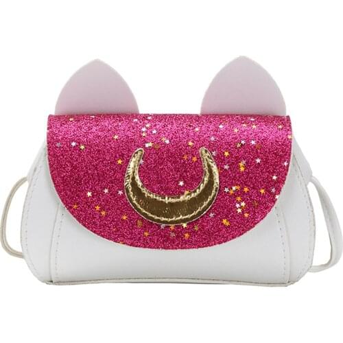 Little Girls Handbag Stylish Moon Pattern Sequin Cross Body Bag with Cute Cat Ears