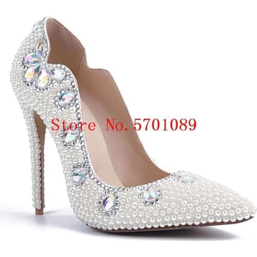 Bling White Pearls Wedding Shoes 105mm Stiletto Thin High Heels Bridal Shoes Pearl Crystal Bride Princess Wedding Pumps 35-41