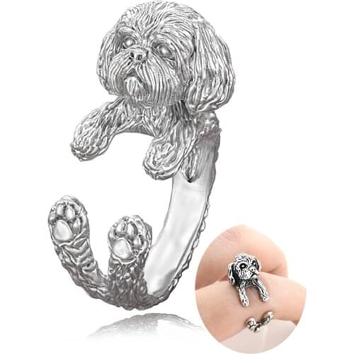 Vintage Silver Color Boho Cute Shih Tzu & Lhasa Apso Dog Puppies Shape Wrap Ring For Women Girl Kids Gift For Pet Lover Jewelry